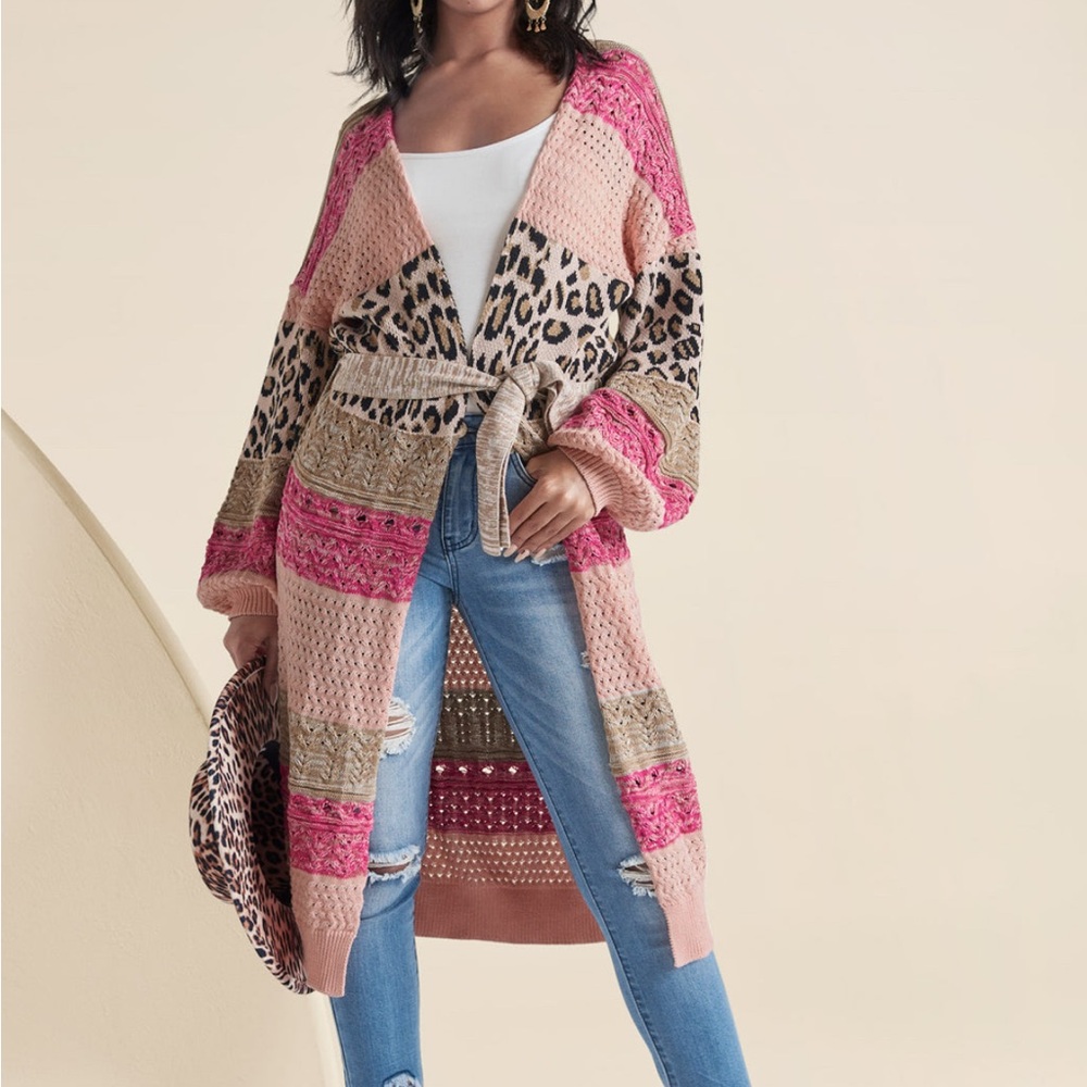 Mixed Print Belted Duster Sweater Animal Print NWT
